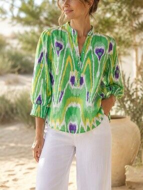 Anthropologie Green Ikat Print Popover Blouseo Small Organic Cotton Boho
